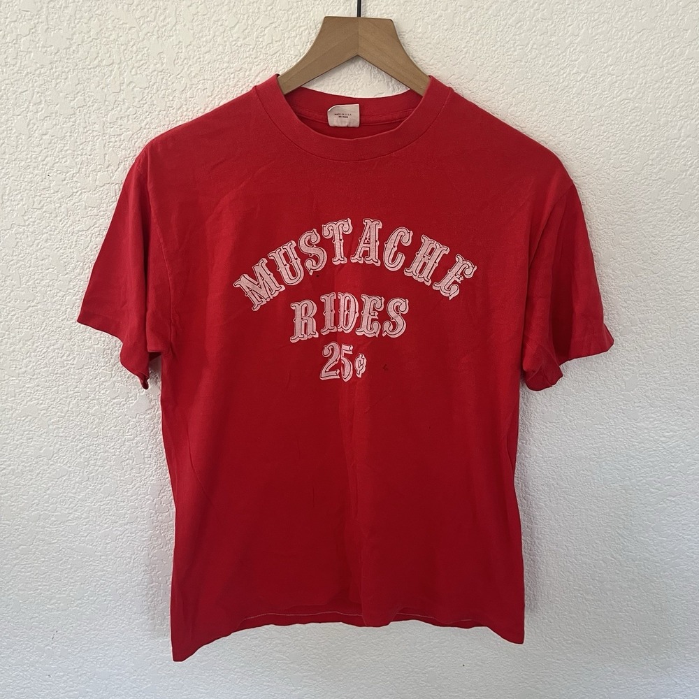 Vintage Belton Mustache Rides 25¢ Red T-Shirt Single Stitch USA - Has Stains